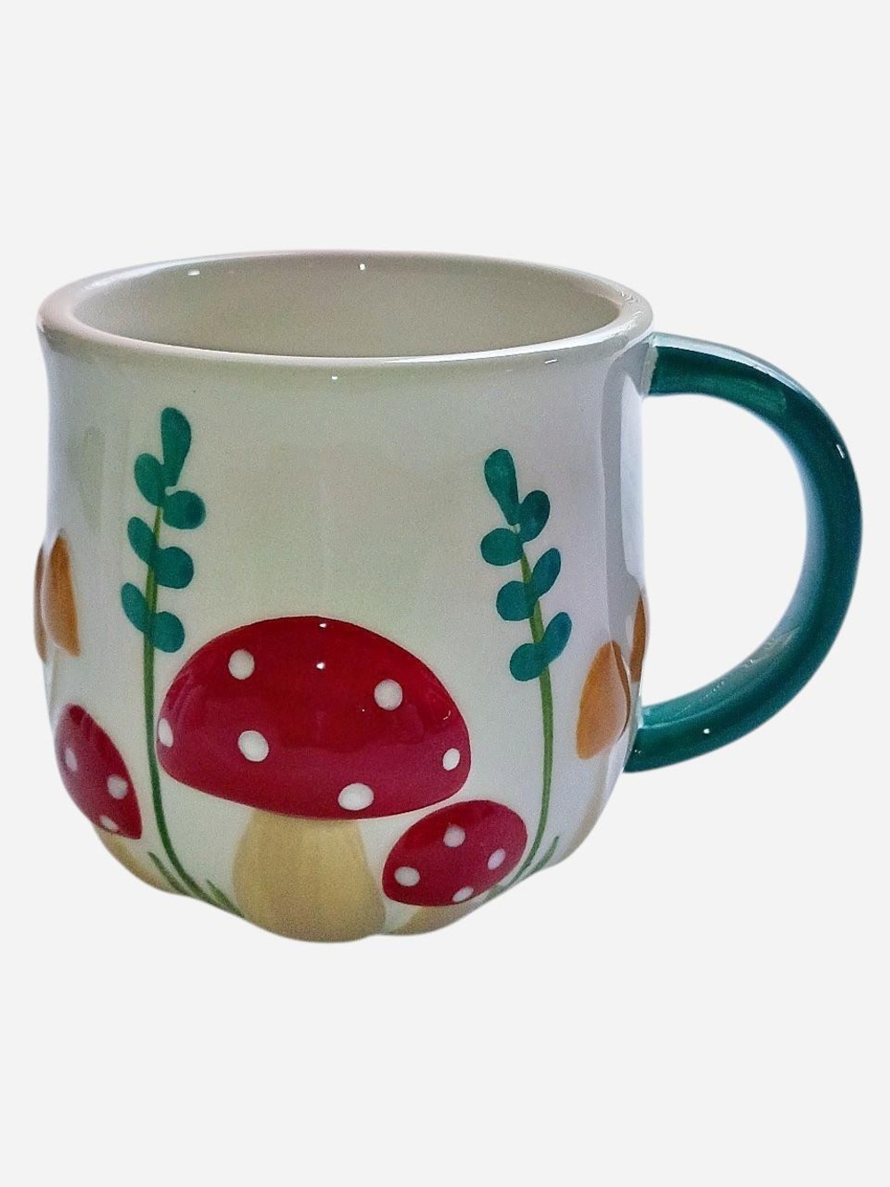 Playful Red Mushroom Ceramic Mug with Green Handle